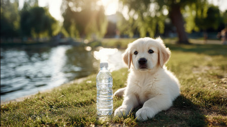 Adorable golden retriever puppy resting by the lake with a clear water bottle beside it on a sunny day with trees and a tranquil backgroundの素材