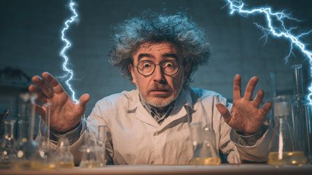 Unconventional Scientist Surrounded by Lightning and Laboratory Equipment, Capturing the Essence of Experimentation and Discovery in Chemistryの素材