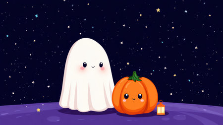 Cheerful Ghost and Friendly Pumpkin Under Starry Night Sky with Lantern, Perfect for Halloween and Autumn Celebrationsの素材