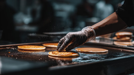 Skilled chef preparing delicious pancakes in professional kitchen, focusing on fluffy texture and cooking process, creating culinary masterpieces for breakfast mealsの素材