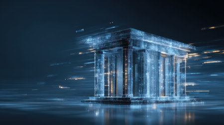Futuristic Concept of Digital Temple Made of Data Streams, Symbolizing Technology, Innovation, and Modern Architecture in a Virtual Environmentの素材