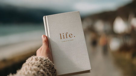 A person holding a stylish journal with the word "life" embossed on the cover against a blurred background of a scenic coastal pathwayの素材