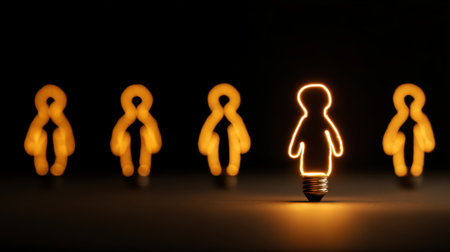 Bright Light Bulb Figure Surrounded by Shadowy Silhouettes Representing Creativity, Innovation, Inspiration, and Individuality in Contrast to Conformityの素材