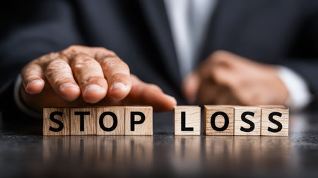 Businessman Using Wooden Blocks to Illustrate Stop Loss Concept in Financial Trading for Stock Market Risk Management and Strategy Developmentの素材