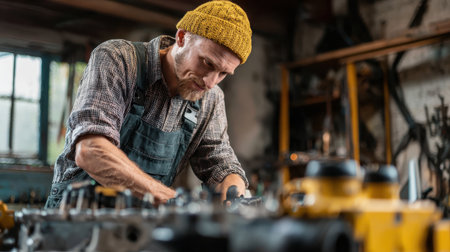 Focused artisan working in workshop, crafting with precision, wearing yellow beanie and blue overalls, surrounded by tools and machinery, creative process captured beautifullyの素材