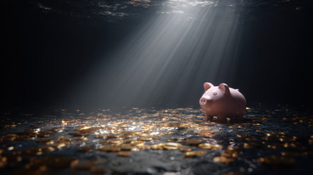 Glimmering Light Shines on Piggy Bank Surrounded by Coins in Dark Setting Symbolizing Savings, Financial Success, and Wealth Creation Conceptの素材