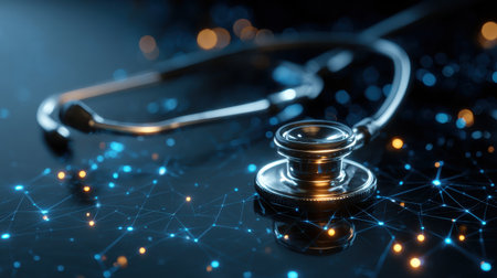 Close-Up View of a Stethoscope on a Digital Network Background with Glowing Bokeh Effects Representing Healthcare Technology and Innovationの素材