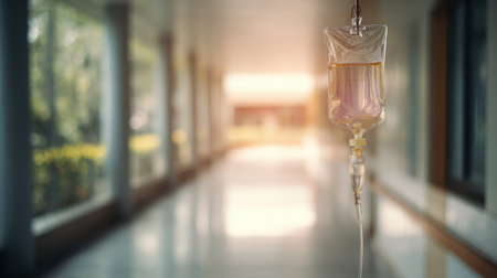 Intravenous drip in a hospital corridor with natural light, representing medical treatment, healthcare technology, patient care, and healing atmosphereの素材