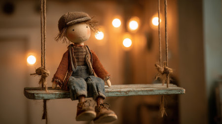 Charming handmade doll with a cap sitting on a wooden swing decorated with soft glowing lights, perfect for capturing rustic and nostalgic vibesの素材