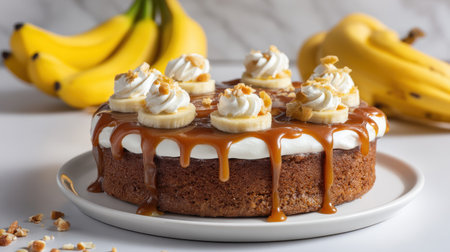 Delicious banana cake with caramel drizzle and whipped cream topped with banana slices and nuts on a white plate with fresh bananas in the backgroundの素材