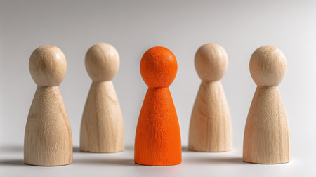 Standing Out in a Group: A Bright Orange Wooden Figure Surrounded by Neutral Tone Figurines Representing Individuality and Leadership Conceptsの素材