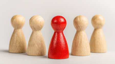 Red Figure Standing Out Among Wooden Pawns Signifying Individuality, Leadership, Distinction, and Uniqueness in a Group Concept for Business and Teamworkの素材