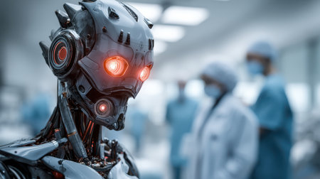 Futuristic robot with glowing red eyes in a medical facility, showcasing advanced technology and human interaction in a modern healthcare environmentの素材