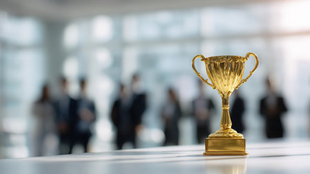 Golden trophy on a table with blurred background of diverse business professionals in an office setting celebrating achievement and success at an award eventの素材