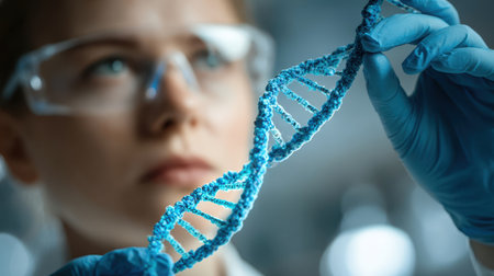 Close-Up of Researcher Holding Blue DNA Strand in Laboratory Setting with Scientific Equipment and Focus on Genetic Study and Biotechnology Innovationsの素材
