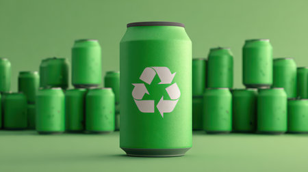 Green aluminum can with recycling symbol on solid green background, emphasizing sustainability and eco-friendly packaging in modern lifestyleの素材