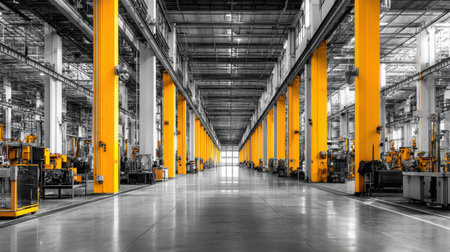 Industrial Warehouse Interior with Yellow Pillars and Machines in Black and White Environment for Manufacturing and Production Settingsの素材