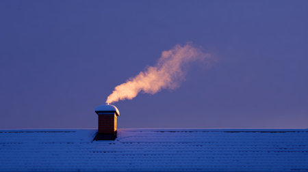 Gentle Smoke Rising from a Brick Chimney Against a Winter Sunset Sky with Snow-Covered Rooftops in a Tranquil and Serene Atmosphereの素材