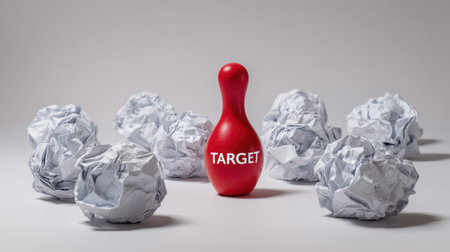 Red Target Pin Surrounded by Crumpled Papers on a Light Background Representing Focus and Determination in a Creative Workspaceの素材