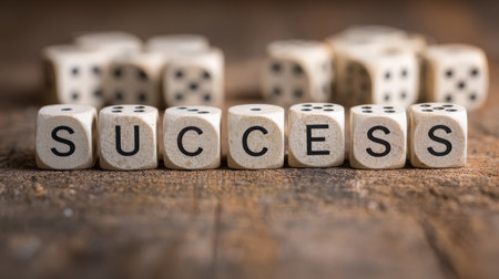 Wooden dice with the word success displayed on them, showcasing the concept of achievement and luck in a rustic environment with a natural wood texture.の素材
