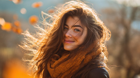 Beautiful young woman with long hair smiling in autumn landscape, surrounded by orange leaves, enjoying nature and feeling joyful outdoors during sunsetの素材