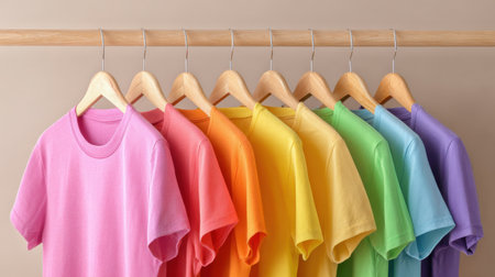 Colorful T-Shirts on Wooden Hanger Displayed in a Row, Vibrant Cotton Tees for Fashion and Lifestyle Photography, Perfect for Retail and E-Commerce Useの素材