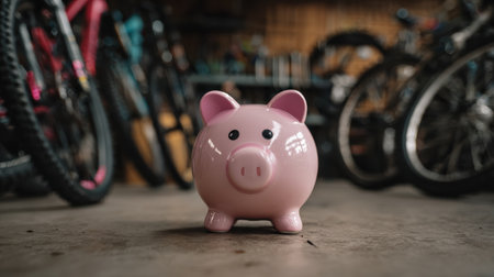 Cute Pink Piggy Bank on Concrete Floor Surrounded by Bicycles in a Garage Setting, Showcasing Savings and Financial Management Conceptsの素材