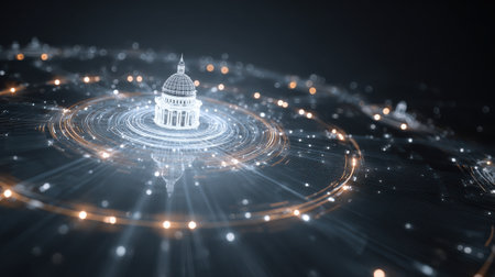 Futuristic digital representation of a historic building with a dome surrounded by glowing lines and dots, symbolizing technology and architecture harmonyの素材