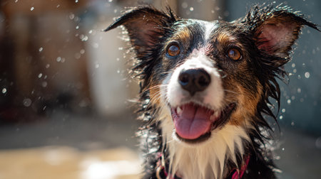 Happy dog with wet fur enjoying a sunny day with droplets sparkling in the background, showcasing pure joy and playfulness in a vibrant outdoor settingの素材