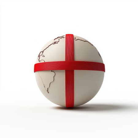 White globe with red ribbon crossing over with map outlines representing the concept of global charity, support, and unity in a minimalist styleの素材