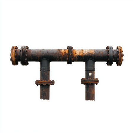 Rusty Industrial Pipe with Flanges and Corrosion on Isolated White Background for Construction and Infrastructure Themesの素材