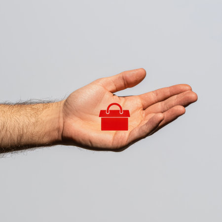 Red shopping bag icon held in a human hand on a light background representing retail, commerce, and consumer choices for stock images and graphics.の素材