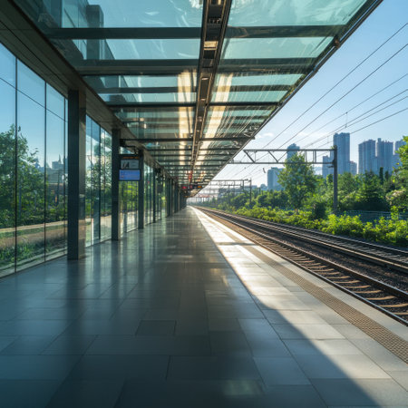 Modern urban train station with glass roof, empty platform and clear sky, showcasing city skyline and railway tracks in bright daylightの素材