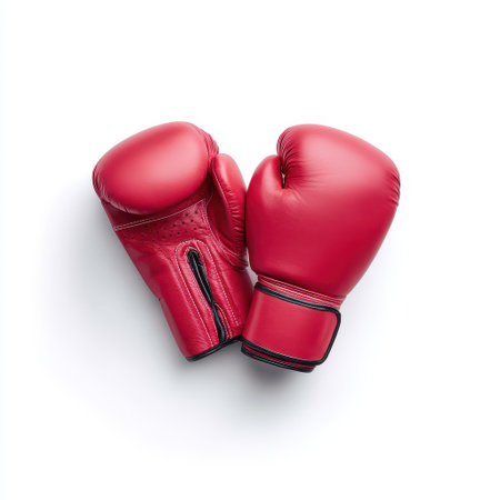 Red boxing gloves on a white background demonstrating strength and athleticism for sports-themed visual content and promotional material with serious energyの素材