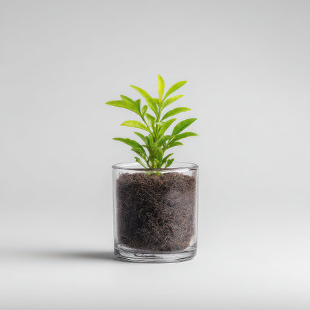 Fresh Green Plant in a Clear Glass Container with Soil, Minimalist Home Decor, Nature Element in Indoor Environment, Modern Aesthetic for Personal Spacesの素材