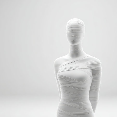 Abstract figure wearing white fabric draped elegantly, symbolizing purity, mystery, and minimalism in a serene, bright, and spacious environmentの素材