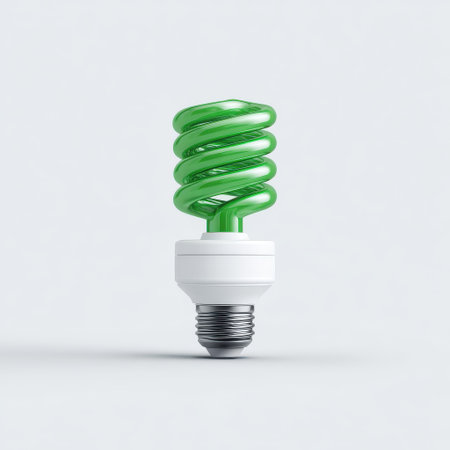 Green Spiral Light Bulb on a White Background, Energy Efficient Design, Eco-Friendly Lighting Solution for Modern Homes and Offices, Bright Innovationの素材