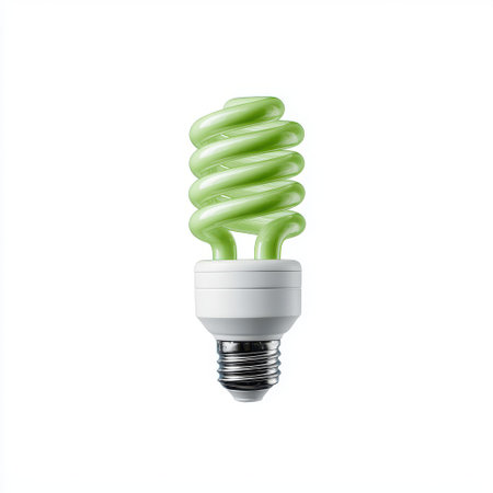 Energy-efficient compact fluorescent bulb with spiral design in vibrant green color, showcasing modern eco-friendly lighting for sustainable homes and officesの素材