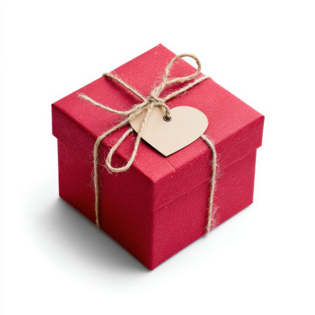 Red Gift Box Wrapped with Jute String and Heart-Shaped Tag for Special Occasions and Celebrationsの素材