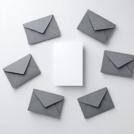 Modern Minimalist Composition with Grey Envelopes and Blank Business Card on White Surface for Creative and Branding Conceptsの素材