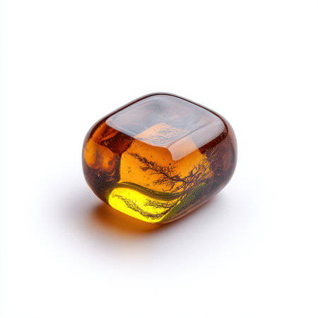 Intricate Amber Stone Encapsulating Natural Elements with Delicate Leaf Patterns and Rich Honey Color, Ideal for Jewelry and Decorative Use in Artworkの素材