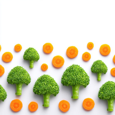 Fresh Vegetables for Healthy Lifestyle Featuring Broccoli and Carrots on White Background in Contemporary Style for Cooking and Nutrition Conceptsの素材
