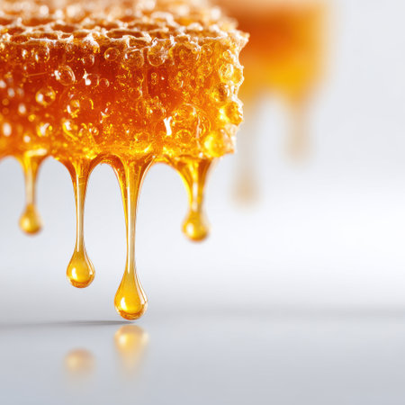 Close-up of Honey Dripping from Honeycomb Surface with Beautiful Amber Color and Glorious Bubbles on a Bright Backgroundの素材