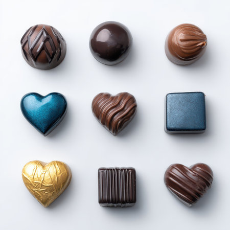 Assorted Gourmet Chocolate Collection Featuring Heart Shapes and Unique Designs on a Pure White Backgroundの素材