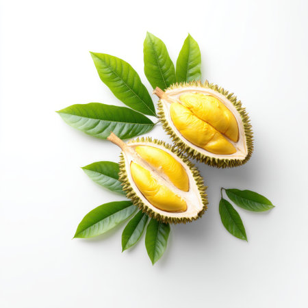 Fresh Durian Fruit Halved with Rich Yellow Flesh and Green Leaves on White Background for Culinary and Food Photographyの素材
