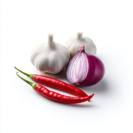 Fresh garlic bulbs, vibrant red chili peppers, and purple onion on a clean white background perfect for culinary illustrations and recipesの素材