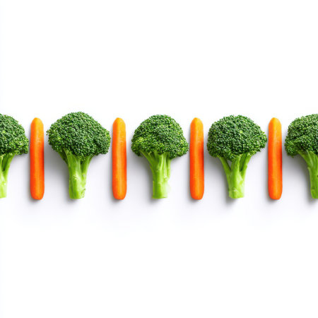 Fresh Broccoli and Carrot Arrangement on White Background for Healthy Eating and Nutrition Concepts in Food Photographyの素材