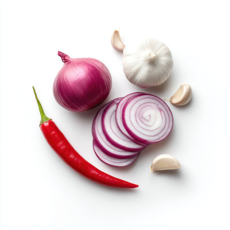 Fresh Red Onion, Garlic Cloves, Sliced Onion, and Red Chili on a White Background for Culinary and Food Preparation Conceptsの素材