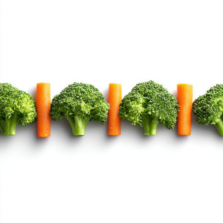 Fresh Broccoli and Carrot Arrangement on a Bright White Background Ideal for Healthy Eating Concepts and Culinary Imageryの素材