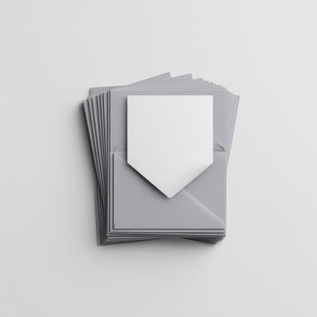 Stack of Gray Envelopes with Blank Card on Top for Creative and Professional Correspondence in Minimalist Styleの素材